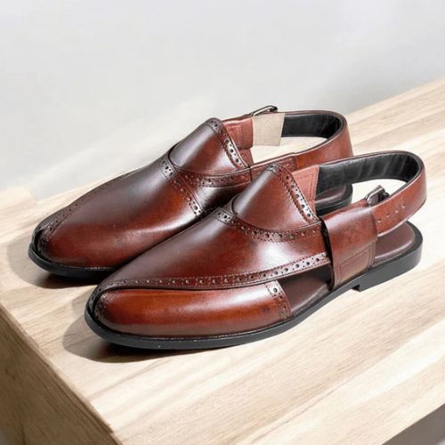 Brogue Peshawari Brn-1012 by Coarix Leather – a mustard-colored handmade Peshawari sandal