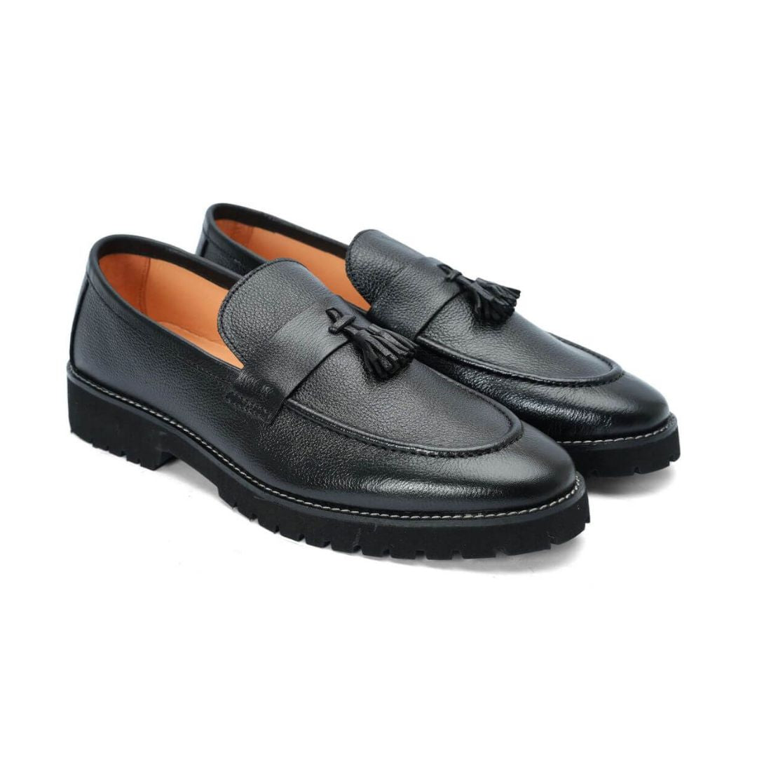 Leather Chunky Tassel blk-018 - Premium black leather tassel shoes