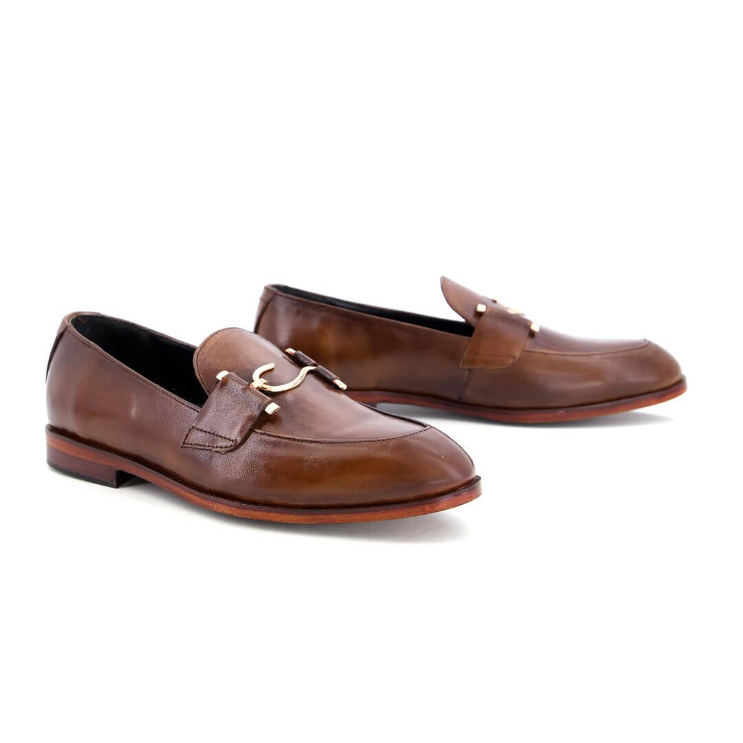 Leather T Buckle Brown-019 - Premium brown leather formal shoes 