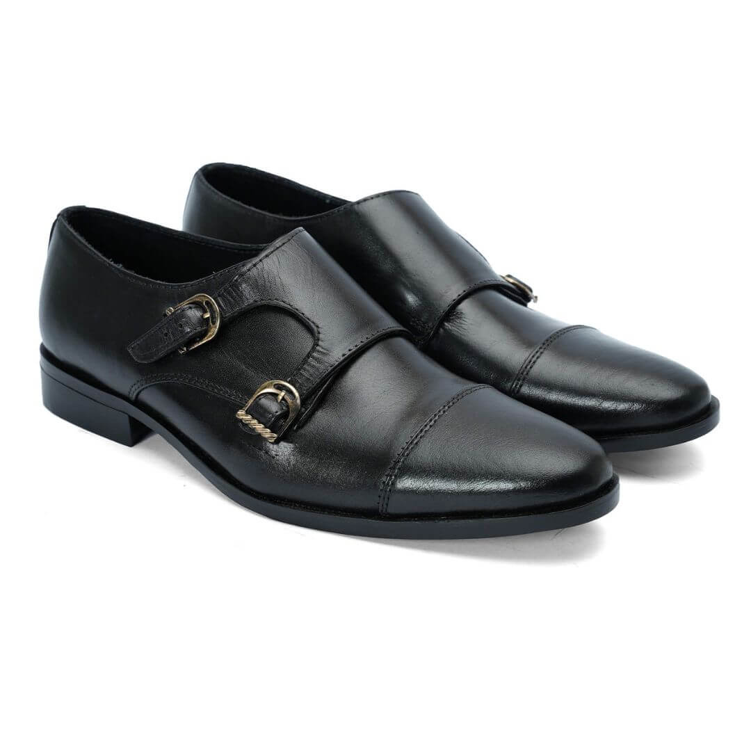 Luxe double monk 007 - Premium black leather double monk strap shoes 